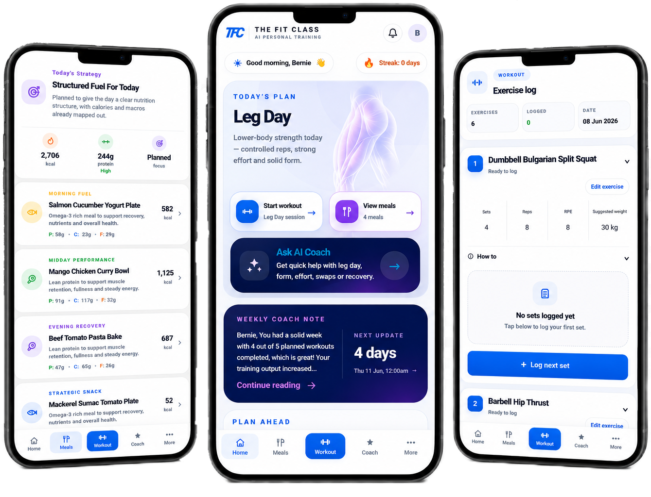 The Fit Class AI Coach app showing workouts, meals and exercise logging